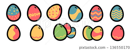 Easter egg sticker set with hand-drawn colorful eggs, cartoon decorative elements with bold outlines for holiday spring design on white background. Easter egg collection with various geometric pattern 136550170