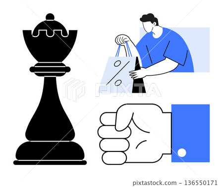 Business strategy, consumer behavior, decision-making, retail discounts, chess game, economic planning. Chess piece, shopper with discount bag fist strength. Business strategy and consumer behavior 136550171