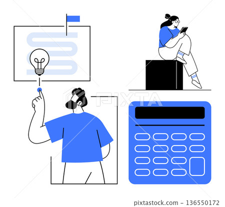 Business strategy, problem-solving, teamwork, idea generation, financial planning, innovation. Person pointing to a light bulb, calculator sitting woman. Business strategy and problem-solving 136550172