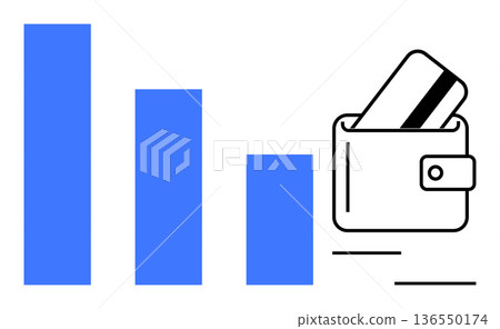 Finance, budgeting, economic analysis, spending habits, savings awareness, credit management. Blue bar graph with downward trend and a wallet holding a credit card. Finance and budgeting concept 136550174