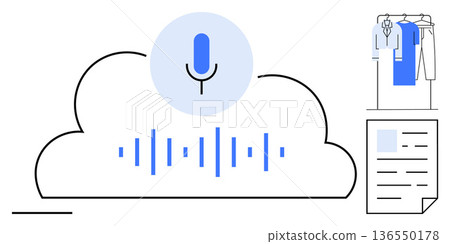 Voice recognition, AI technology, cloud storage, audio processing, data transcription, speech services. Microphone with waveforms inside a cloud and icons of documents and clothing. Voice recognition 136550178