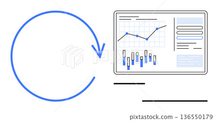 Data management, financial reporting, business growth, performance analytics, decision-making, progress tracking. A dashboard screen displaying line and bar graphs with a circular rotation symbol 136550179