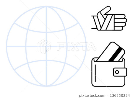 Finance, global trade, digital payment systems, online shopping, cashless economy, security. Globe grid, hand wrapping bandages wallet with credit card. Finance and global trade concept Finance, global trade, digital payment systems, online shopping, cashless economy, security. Globe grid, hand wrapping bandages wallet with credit card. Finance and global trade concept 136550234