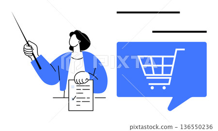 Business strategy, e-commerce, online shopping, digital marketing, presentation, retail planning. Person holding a document and pointing to a shopping cart speech bubble. E-commerce and digital Business strategy, e-commerce, online shopping, digital marketing, presentation, retail planning. Person holding a document and pointing to a shopping cart speech bubble. E-commerce and digital 136550236