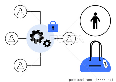 Digital security, e-commerce, identity management, network connection, online shopping, cybersecurity. Network of people, gears with lock person icon bag with price tag. Digital security Digital security, e-commerce, identity management, network connection, online shopping, cybersecurity. Network of people, gears with lock person icon bag with price tag. Digital security 136550241