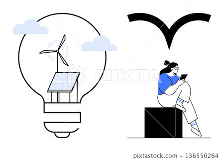 Renewable energy, digital technology, eco solutions, future innovation, sustainability, connectivity. Wind turbine and solar panel inside a lightbulb, person using a device. Renewable energy Renewable energy, digital technology, eco solutions, future innovation, sustainability, connectivity. Wind turbine and solar panel inside a lightbulb, person using a device. Renewable energy 136550264