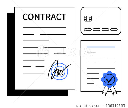 Legal agreements, business contracts, e-signatures, authentication, certification, compliance. Signed contract with a certified seal beside a credit card. Legal agreements and authentication concept 136550265