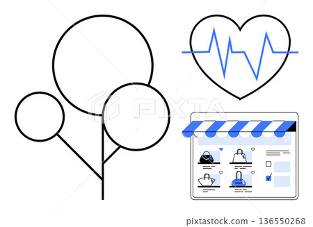 Ecommerce, environment, health, online shopping, medical technology, sustainability. Heartbeat line, tree symbol and online store page. Ecommerce and environment concept Ecommerce, environment, health, online shopping, medical technology, sustainability. Heartbeat line, tree symbol and online store page. Ecommerce and environment concept 136550268