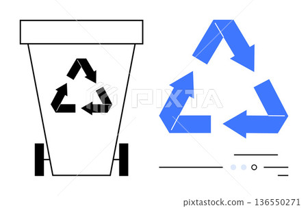 Waste management, recycling, sustainability, environmental conservation, eco-friendly practices, resource optimization. A trash bin the recycling symbol and large blue arrows. Recycling 136550271