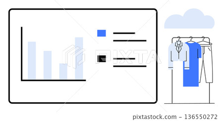 Data analysis, fashion marketing, business strategy, retail trends, inventory management, market insights. Bar chart on a screen with hanging clothes. Data analysis and fashion marketing concept Data analysis, fashion marketing, business strategy, retail trends, inventory management, market insights. Bar chart on a screen with hanging clothes. Data analysis and fashion marketing concept 136550272