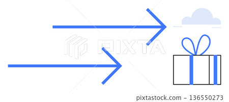 Cloud computing, digital delivery, logistics, e-commerce, online business, data exchange. Blue arrows directing to a cloud and a wrapped gift box. Cloud computing and digital delivery concept Cloud computing, digital delivery, logistics, e-commerce, online business, data exchange. Blue arrows directing to a cloud and a wrapped gift box. Cloud computing and digital delivery concept 136550273