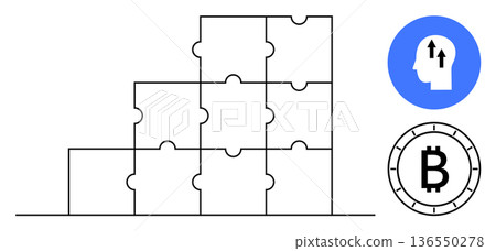 Blockchain technology, cryptocurrency growth, Bitcoin economy, digital solutions, problem-solving, financial investment. Puzzle blocks arranged in steps, Bitcoin logo, head icon with arrows Blockchain technology, cryptocurrency growth, Bitcoin economy, digital solutions, problem-solving, financial investment. Puzzle blocks arranged in steps, Bitcoin logo, head icon with arrows 136550278