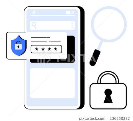Cybersecurity, data protection, online privacy, secure authentication, digital security, user login safety. Mobile device with lock icon, password field and magnifying glass. Cybersecurity and data Cybersecurity, data protection, online privacy, secure authentication, digital security, user login safety. Mobile device with lock icon, password field and magnifying glass. Cybersecurity and data 136550282