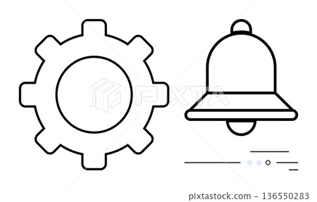 Settings, notifications, alerts, user interface, workflow, management. Black and white gear and bell icon with clean lines. Settings and notifications concept for digital platforms 136550283