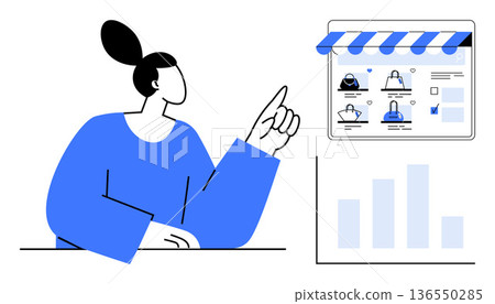 E-commerce, online shopping, business growth, digital marketing, consumer behavior, analytics. A woman points to an online store display with analytical graphs. E-commerce and online shopping concept E-commerce, online shopping, business growth, digital marketing, consumer behavior, analytics. A woman points to an online store display with analytical graphs. E-commerce and online shopping concept 136550285