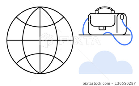 Global business, remote work, cloud computing, connectivity, digital transformation, technology integration. Outline of a globe, briefcase with a cable and a cloud icon. Global business and remote Global business, remote work, cloud computing, connectivity, digital transformation, technology integration. Outline of a globe, briefcase with a cable and a cloud icon. Global business and remote 136550287