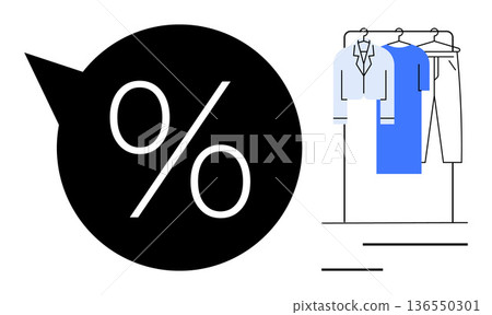 Discounts, sales, shopping, retail marketing, apparel promotions, fashion deals. Large percentage symbol beside clothing rack with shirts and pants. Discounts and sales promotion concept Discounts, sales, shopping, retail marketing, apparel promotions, fashion deals. Large percentage symbol beside clothing rack with shirts and pants. Discounts and sales promotion concept 136550301