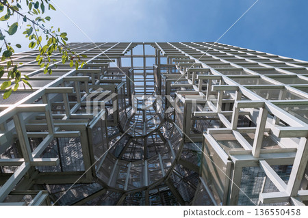 Metal Bird Watch Tower against blue sky in Queen Sirikit park, Bangkok 136550458