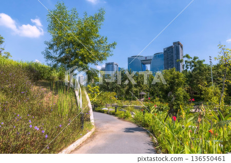 Queen Sirikit with ttb and BTS modern buildings, Bangkok 136550461