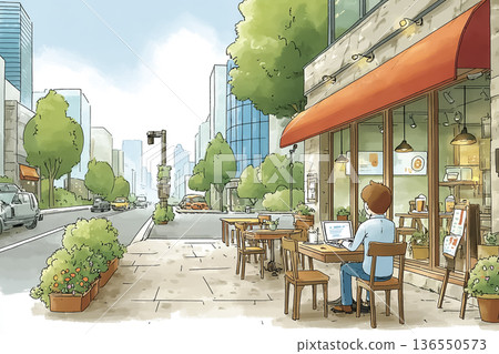 一位男子在綠樹成蔭的城市裡的露天咖啡館工作。 136550573