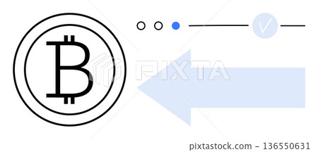 Digital currency, blockchain, crypto transactions, payment systems, token verification, online security. Bitcoin symbol next to an arrow and verification icon. Digital currency and blockchain 136550631