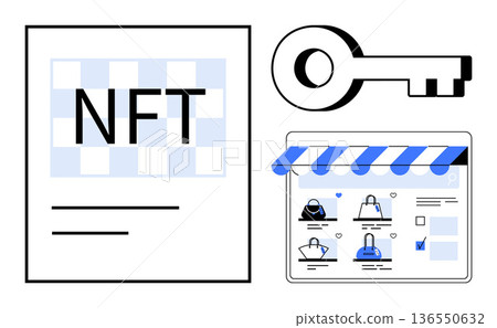 Digital ownership, blockchain security, token-based verification, online transactions, asset management, and crypto commerce. A blockchain-based document, digital key and online storefront. Digital 136550632