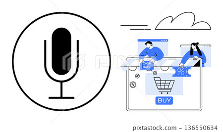 Online shopping, voice search, cashback, e-commerce, digital marketing, user interaction. Microphone next to a laptop screen showing purchase processes. Voice search and e-commerce 136550634