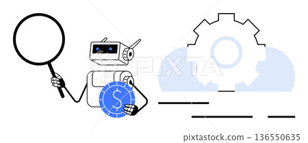 Artificial intelligence, data analysis, automation, financial technology, machine learning, innovation. Robot holding magnifying glass and coin near gear. AI and data analysis concept Artificial intelligence, data analysis, automation, financial technology, machine learning, innovation. Robot holding magnifying glass and coin near gear. AI and data analysis concept 136550635