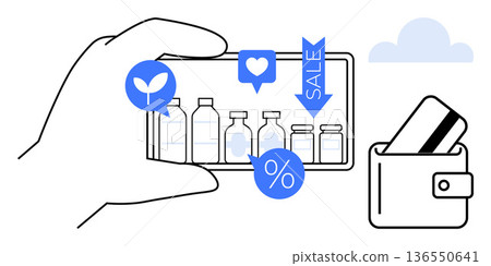 E-commerce, online payments, shopping deals, mobile apps, digital retail, cashback offers. Hand holding smartphone showing products, discount icons wallet with card. E-commerce and online payments E-commerce, online payments, shopping deals, mobile apps, digital retail, cashback offers. Hand holding smartphone showing products, discount icons wallet with card. E-commerce and online payments 136550641