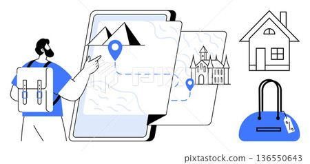 Travel planning, vacation destinations, trip navigation, adventure tourism, map exploration, lifestyle planning. Man pointing at a map with marked locations. Travel planning and vacation destinations Travel planning, vacation destinations, trip navigation, adventure tourism, map exploration, lifestyle planning. Man pointing at a map with marked locations. Travel planning and vacation destinations 136550643