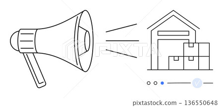 Logistics, inventory, delivery, communication, supply chain, warehouse coordination. Loudspeaker transmitting to a warehouse with boxes. Logistics and inventory management theme 136550648