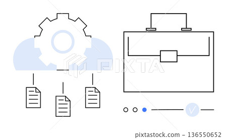 Cloud storage, data organization, business workflow, digital files, cloud computing, professional management. Gear icon with cloud and documents linked to a briefcase. Cloud storage and business Cloud storage, data organization, business workflow, digital files, cloud computing, professional management. Gear icon with cloud and documents linked to a briefcase. Cloud storage and business 136550652
