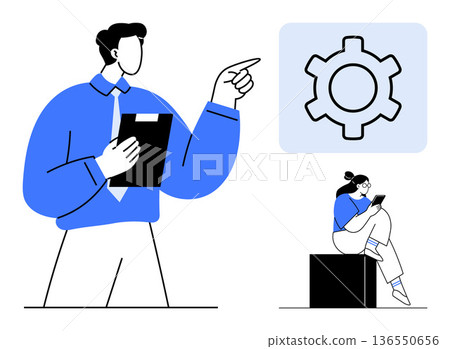 Collaboration, project management, teamwork, innovation, business strategy, workflow. A professional pointing at a gear icon and another person with a device. Collaboration and project management Collaboration, project management, teamwork, innovation, business strategy, workflow. A professional pointing at a gear icon and another person with a device. Collaboration and project management 136550656