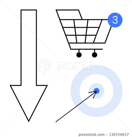 E-commerce, online shopping, business strategy, target marketing, digital sales, consumer behavior. Shopping cart with notification, arrow and target icon. E-commerce and online shopping concepts 136550657