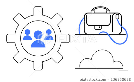 Digital tools, business networking, remote work, cloud storage, productivity, organization. Gear with people, briefcase and cloud icons in outline style. Business networking and remote work concept 136550658