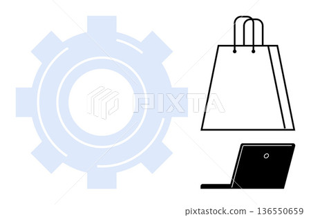 Online shopping, business process, e-commerce, digital tools, retail innovation, commerce technology. Minimalist gear, shopping bag and laptop elements. E-commerce and business process concepts Online shopping, business process, e-commerce, digital tools, retail innovation, commerce technology. Minimalist gear, shopping bag and laptop elements. E-commerce and business process concepts 136550659