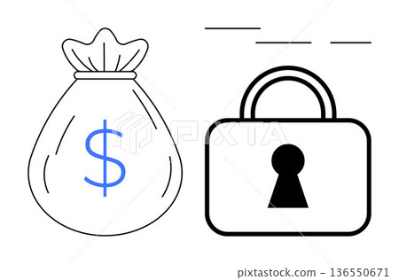 Finance, banking, cybersecurity, savings, protection, secure transactions. Money bag with dollar sign and lock with keyhole. s savings and financial security concepts Finance, banking, cybersecurity, savings, protection, secure transactions. Money bag with dollar sign and lock with keyhole. s savings and financial security concepts 136550671