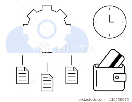 Cloud computing, data organization, digital transactions, automated systems, time management, workflow optimization. Gear symbol with documents, wallet with card and clock icon. Cloud computing Cloud computing, data organization, digital transactions, automated systems, time management, workflow optimization. Gear symbol with documents, wallet with card and clock icon. Cloud computing 136550673