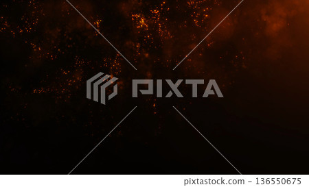 Hot glowing orange sparks and ember particles in dark smoky atmosphere. Intense fire energy texture with dramatic light and cinematic heat mood, abstract glowing background, high detail 4K image. Hot glowing orange sparks and ember particles in dark smoky atmosphere. Intense fire energy texture with dramatic light and cinematic heat mood, abstract glowing background, high detail 4K image. 136550675