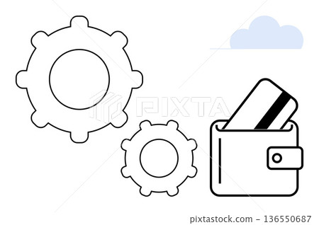 Financial technology, business solutions, e-commerce, digital payments, transaction process, fintech innovation. Gears, wallet credit card illustration. Digital payments and fintech innovation 136550687