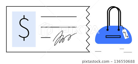 Retail, shopping, finance, budgeting, transaction, consumerism. A monetary receipt with a dollar sign and signature next to a blue handbag with a price tag. Retail and shopping concepts Retail, shopping, finance, budgeting, transaction, consumerism. A monetary receipt with a dollar sign and signature next to a blue handbag with a price tag. Retail and shopping concepts 136550688
