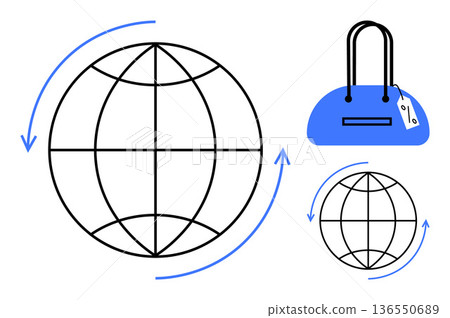 Global trade, e-commerce, sustainability, international shipping, commercial exchange, global commerce. Sphere with arrows and tagged shopping bag. Global trade and e-commerce Global trade, e-commerce, sustainability, international shipping, commercial exchange, global commerce. Sphere with arrows and tagged shopping bag. Global trade and e-commerce 136550689