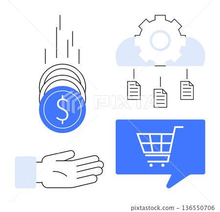 E-commerce, digital payment, cloud computing, data management, financial transactions, automation. Features coins falling into a hand, shopping cart digital files under a gear. E-commerce E-commerce, digital payment, cloud computing, data management, financial transactions, automation. Features coins falling into a hand, shopping cart digital files under a gear. E-commerce 136550706