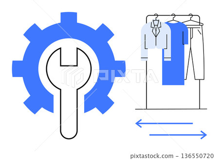 Sustainable fashion, maintenance, eco-friendly clothing, repair services, customization, operational efficiency. Wrench with gear and a clothing rack with garments. Maintenance and sustainable Sustainable fashion, maintenance, eco-friendly clothing, repair services, customization, operational efficiency. Wrench with gear and a clothing rack with garments. Maintenance and sustainable 136550720
