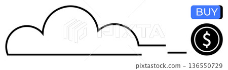 Cloud computing, e-commerce, online payment, financial technology, cloud storage services, digital economy. Minimalistic cloud icon with a dollar sign coin and buy button. Cloud computing Cloud computing, e-commerce, online payment, financial technology, cloud storage services, digital economy. Minimalistic cloud icon with a dollar sign coin and buy button. Cloud computing 136550729