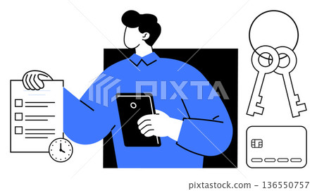 Identity verification, digital security, data management, authentication processes, personal safety, secure access. Person holding checklist and tablet with keys and credit card. Identity 136550757