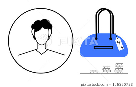 Consumer behavior, shopping trends, online purchases, identity verification, e-commerce, financial planning. Circular person icon alongside a price-tagged blue bag with coins. Consumer behavior Consumer behavior, shopping trends, online purchases, identity verification, e-commerce, financial planning. Circular person icon alongside a price-tagged blue bag with coins. Consumer behavior 136550758