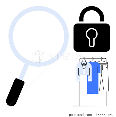 Online shopping, data protection, secure transactions, e-commerce security, clothing retail, privacy awareness. Magnifying glass, lock and clothing rack imagery. Online shopping and data protection 136550760