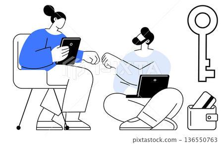 Teamwork, cybersecurity, digital transactions, access management, technology integration, secure communication. Two people interacting with devices, key and wallet. Teamwork and cybersecurity Teamwork, cybersecurity, digital transactions, access management, technology integration, secure communication. Two people interacting with devices, key and wallet. Teamwork and cybersecurity 136550763