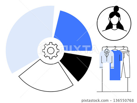 Fashion industry, customer preferences, data insights, retail trends, analysis tools, shopping behavior. Circular gear chart and clothing rack with a person silhouette. Fashion industry and customer 136550768